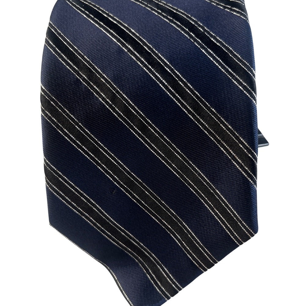 Paul Fredrick Navy Blue Silver Striped Silk Blend Tie Made in Italy THP3101‎